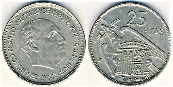 25 pesetas 1957. 5 duros de Franco