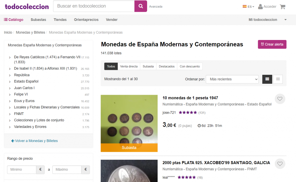 Página de monedas de España modernas y contemporáneas de TodoColección